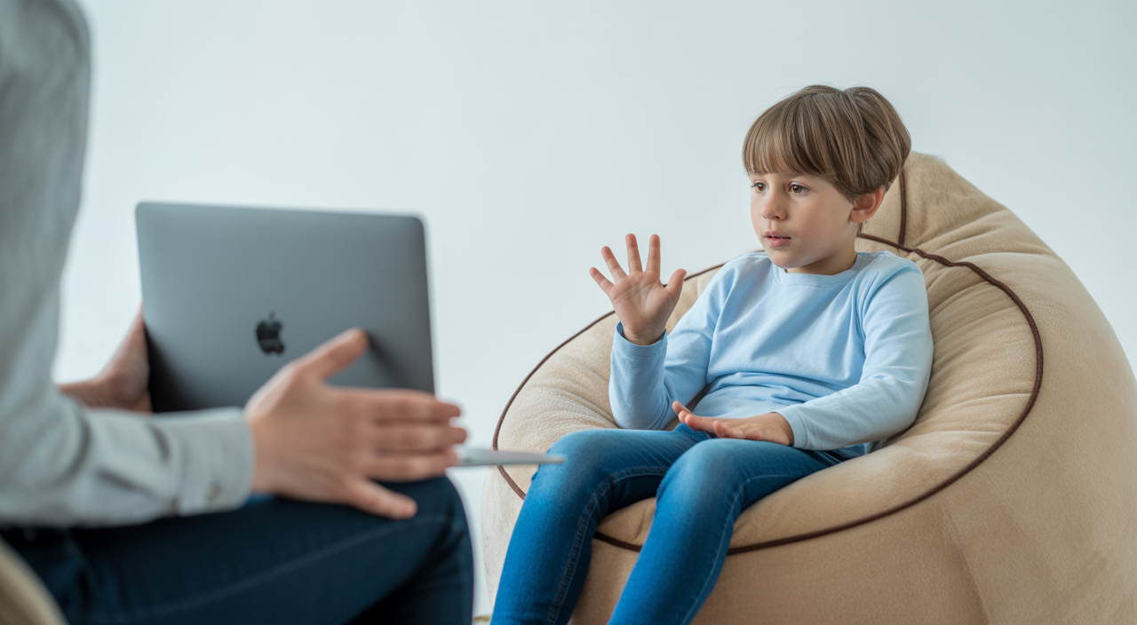 Child happily participating in telehealth therapy session