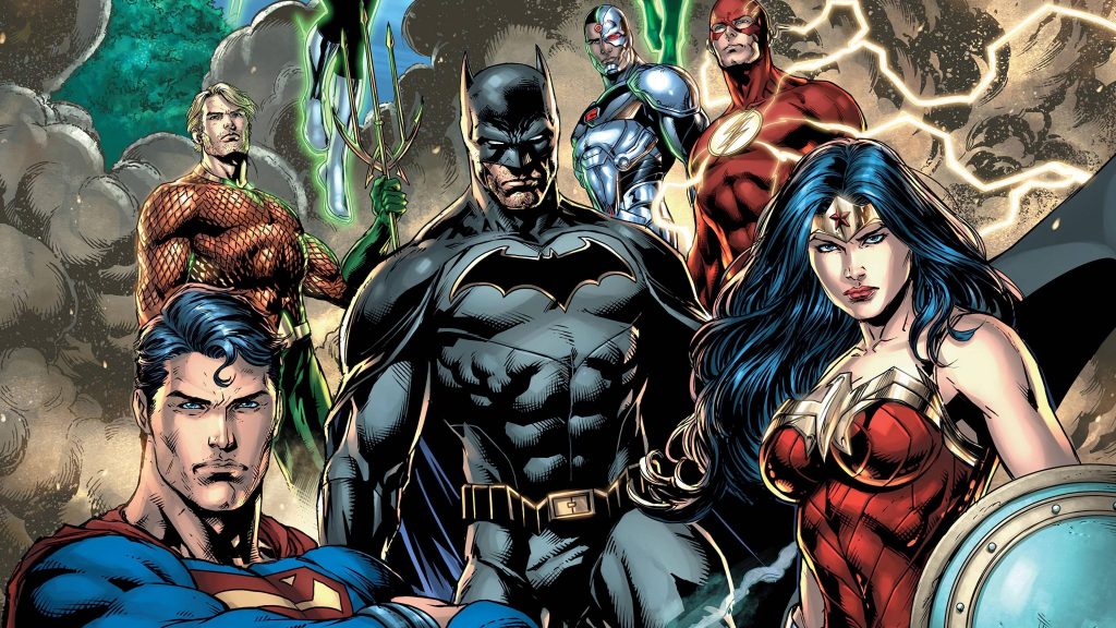 Justice League comic book art featuring Superman, Batman, Wonder Woman, Aquaman, The Flash, and Cyborg.
