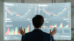 Person evaluating cryptocurrency exchange features comparison on a large digital screen with charts and data