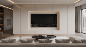 Modern living room with a professionally installed, sleek media wall integrated with a large flat-screen television and minimalist storage, reflecting a sophisticated home entertainment setup.