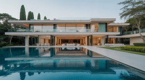 Modern luxury mansion with glass walls and infinity pool, representing high-end real estate auctions