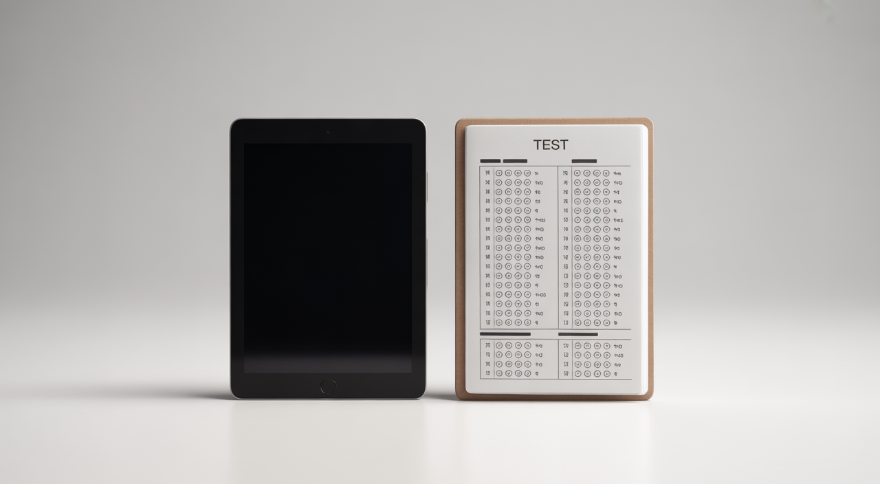 Comparison of a digital tablet and a paper test booklet, symbolizing the choice between SAT and ACT exams for college admissions.