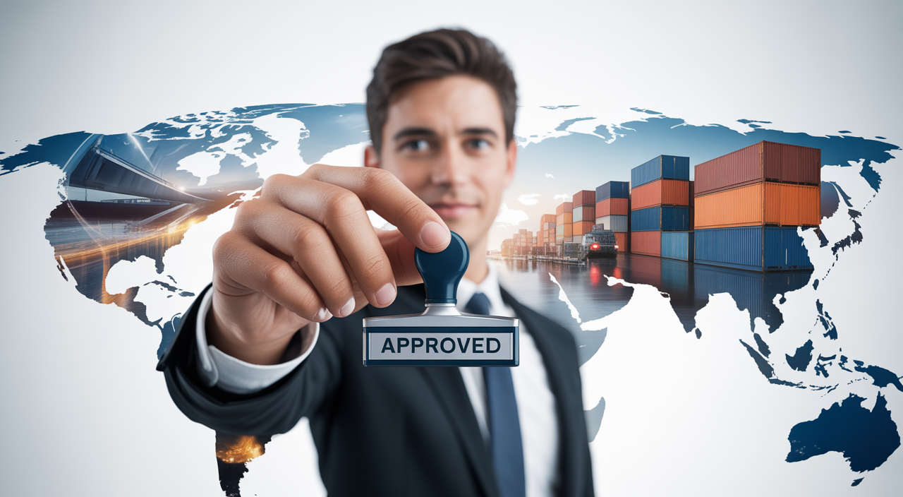 A hand holding a modern 'approved' stamp over a background representing global trade and logistics, symbolizing successful AEO customs certification.