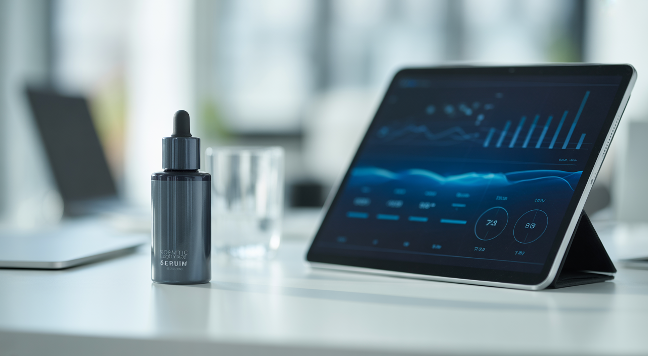Professional image of a cosmetic serum bottle and a digital tablet, symbolizing the strategic and compliant launch of a cosmetics wholesale business.