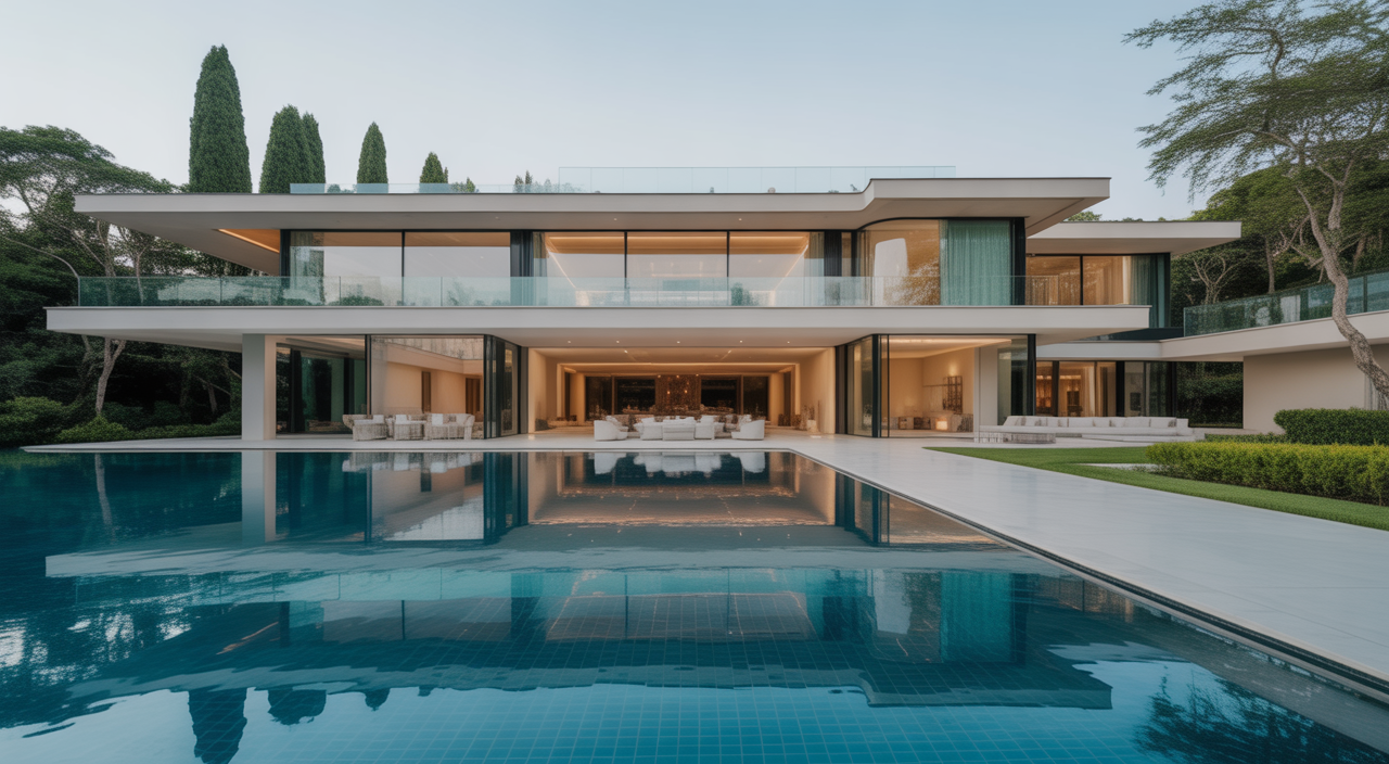 Modern luxury mansion with glass walls and infinity pool, representing high-end real estate auctions