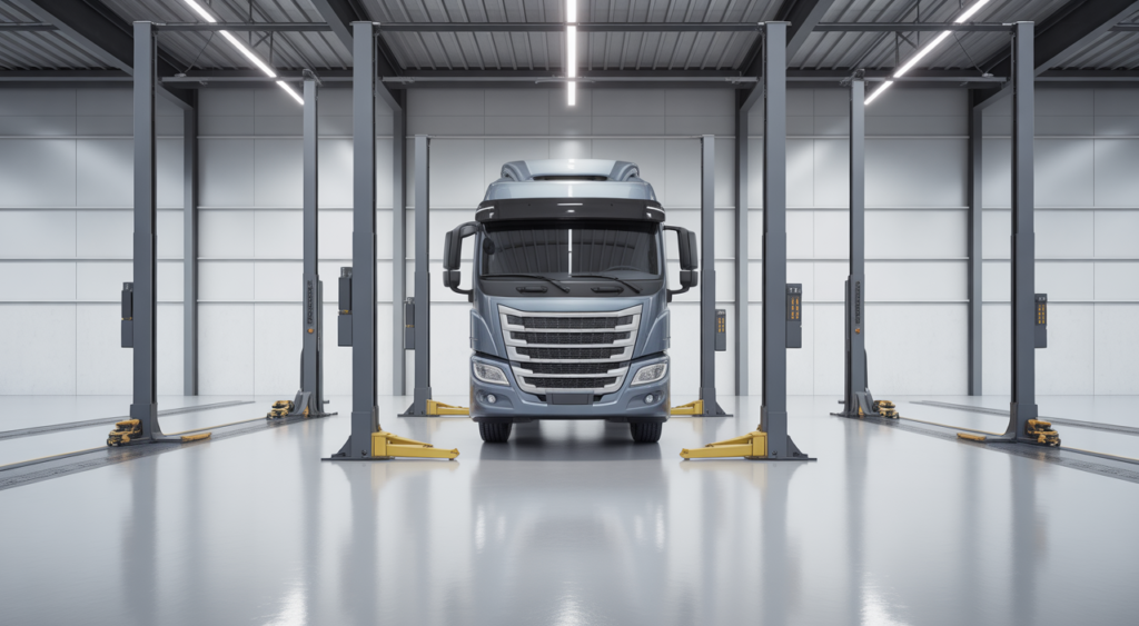 Photorealistic image of mobile column lifts raising a large commercial vehicle in a clean modern maintenance workshop
