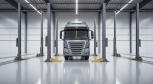 Photorealistic image of mobile column lifts raising a large commercial vehicle in a clean modern maintenance workshop