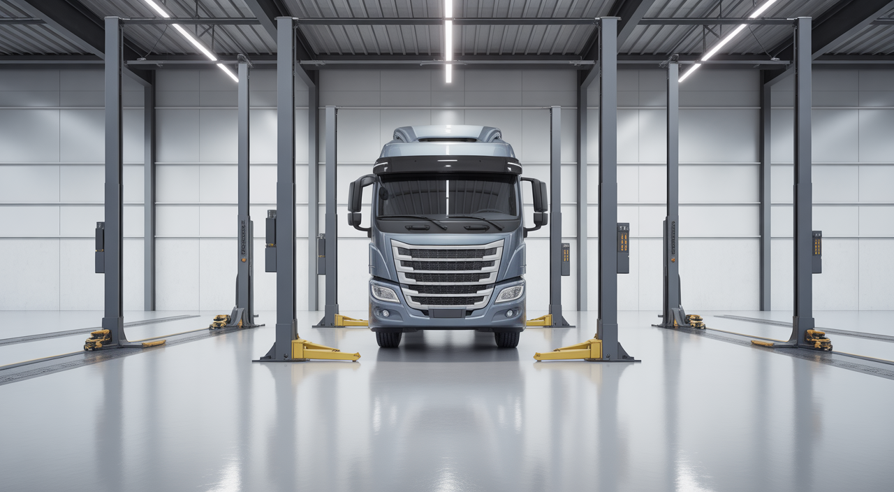 Photorealistic image of mobile column lifts raising a large commercial vehicle in a clean modern maintenance workshop