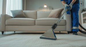 Professional upholstery cleaning of a modern sofa in a living room with technician using a cleaning machine on a white background