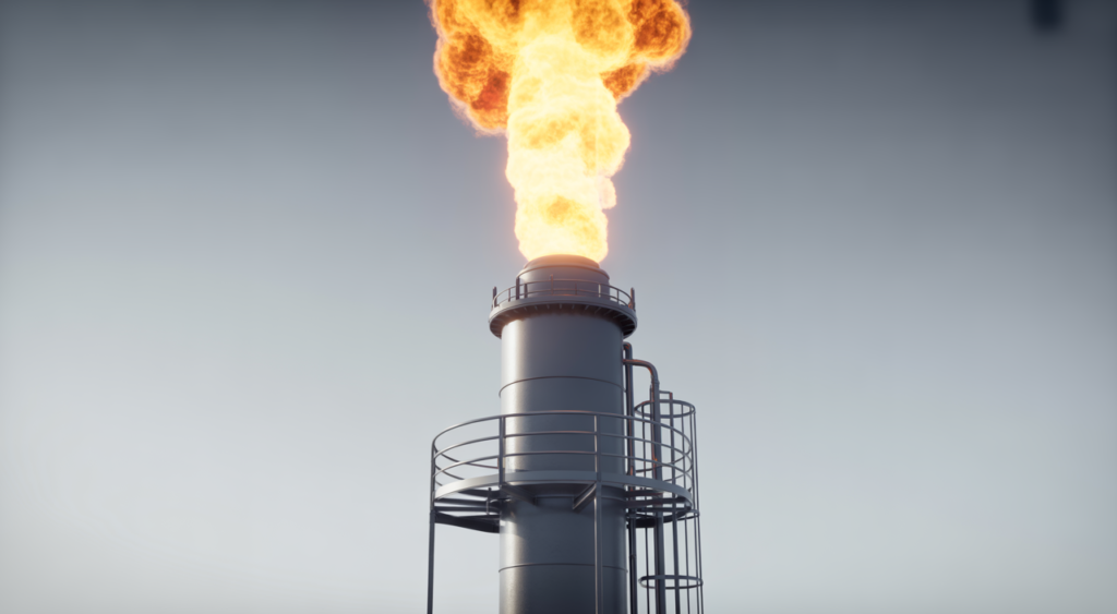 High-quality photograph of an industrial flare system with visible flame on a neutral background