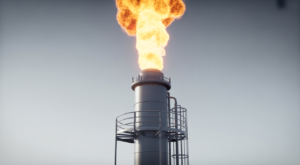 High-quality photograph of an industrial flare system with visible flame on a neutral background