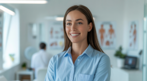 Confident young mother in a bright medical consultation room representing post-pregnancy body confidence after mommy makeover