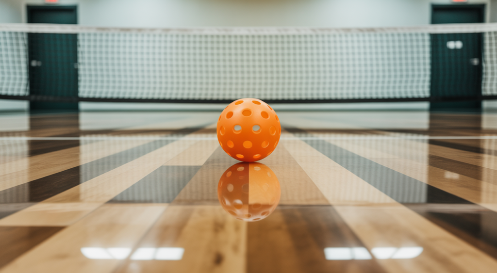 Indoor pickleball court with glossy tile surface and an orange 26-hole pickleball in sharp focus